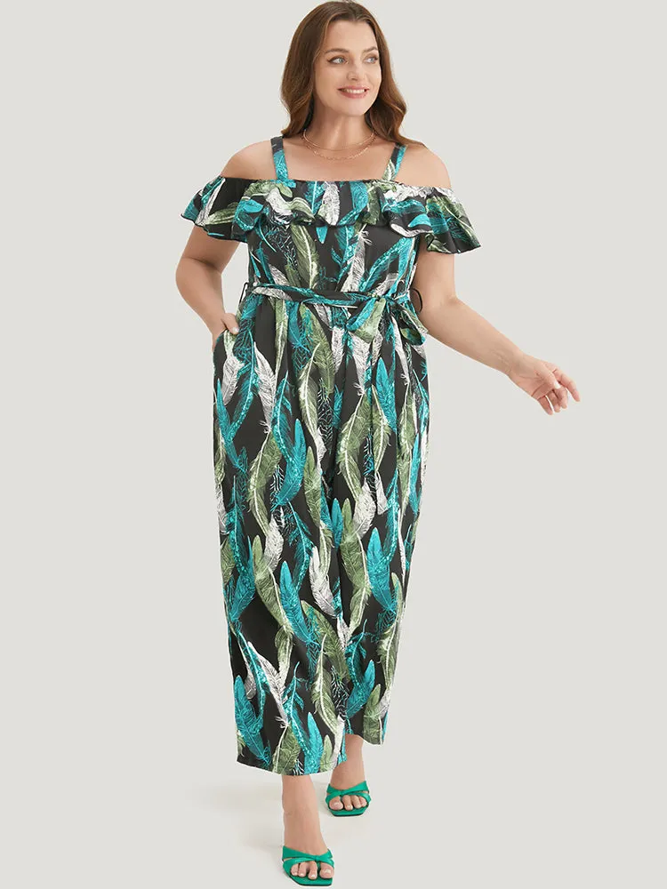 Tropical Cold Shoulder Pocket Belted Ruffle Trim Jumpsuit sold by Bloomchic product image thumbnail 2