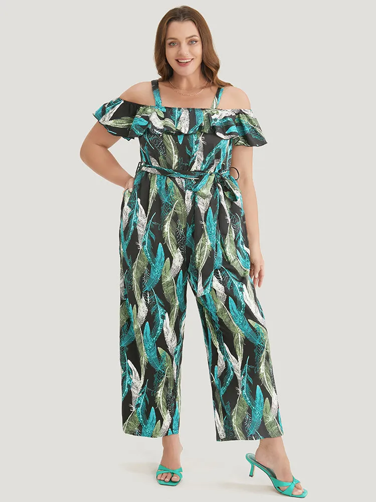 Tropical Cold Shoulder Pocket Belted Ruffle Trim Jumpsuit sold by Bloomchic product image thumbnail 3