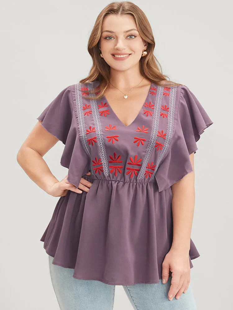 Floral Embroidered V Neck Ruffle Sleeve Blouse sold by Bloomchic product image thumbnail 3