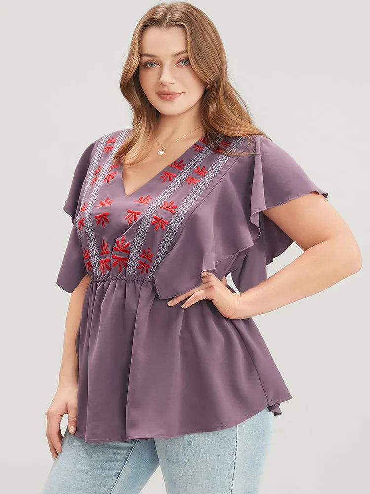 Floral Embroidered V Neck Ruffle Sleeve Blouse sold by Bloomchic