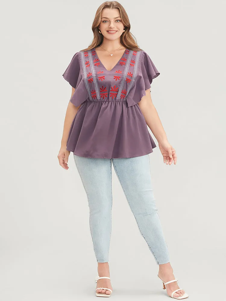 Floral Embroidered V Neck Ruffle Sleeve Blouse sold by Bloomchic product image thumbnail 5