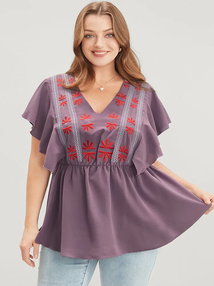 Floral Embroidered V Neck Ruffle Sleeve Blouse sold by Bloomchic product image thumbnail 2