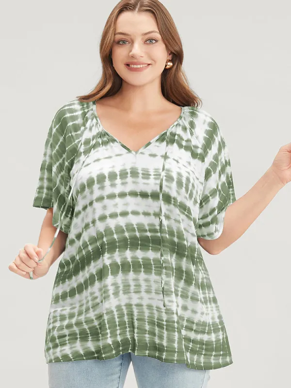 Tie Dye Raglan Sleeve Tie V Neck Blouse sold by Bloomchic