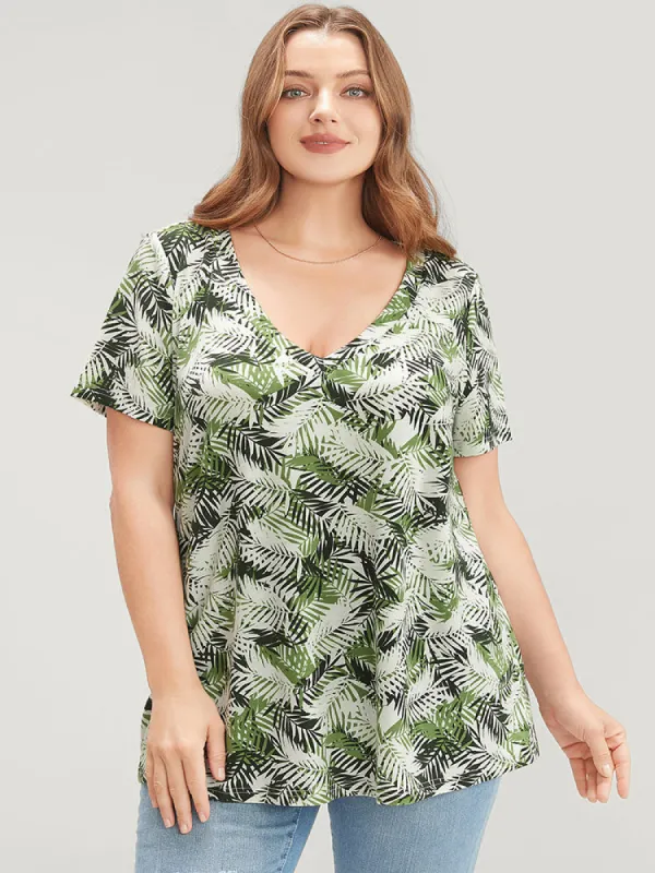Tropical Print V Neck Contrast T-shirt sold by Bloomchic