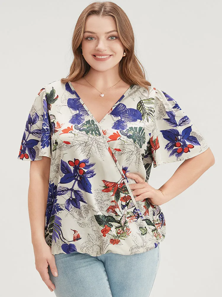 Plant & Floral Ruffle Sleeve Surplice Neck Blouse sold by Bloomchic