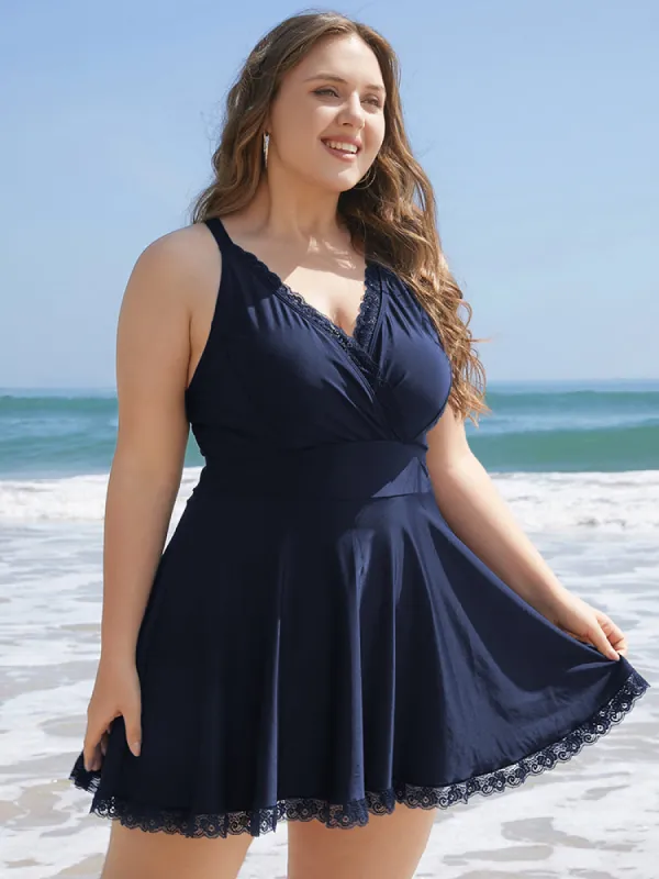 Lace Trim Wrap Crossover Back Ruffles Swim Dress sold by Bloomchic
