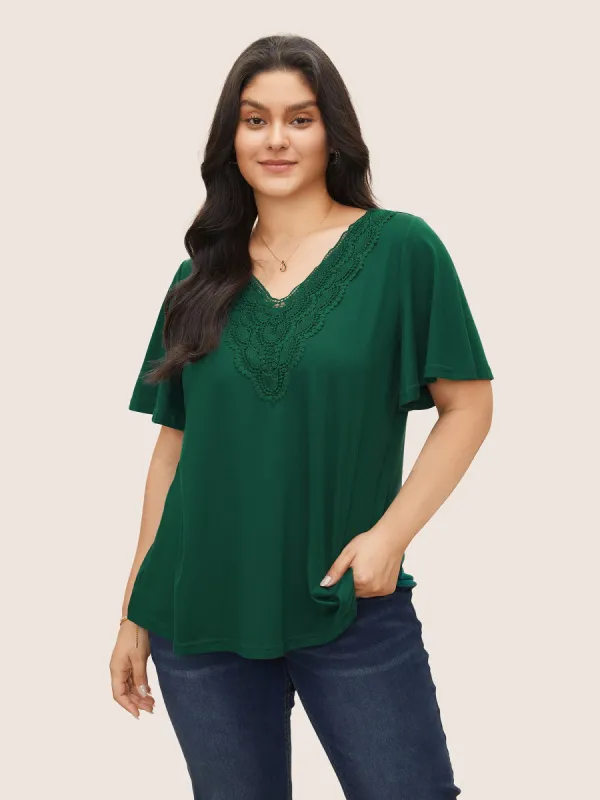 Solid Ruffle Sleeve Lace V Neck T-shirt sold by Bloomchic