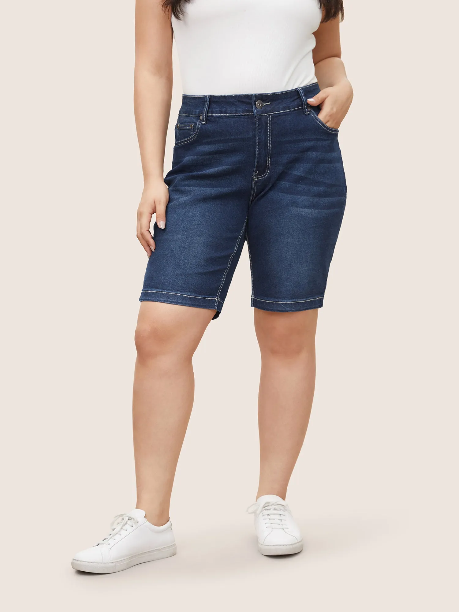 Very Stretchy High Rise Dark Wash Denim Shorts sold by Bloomchic
