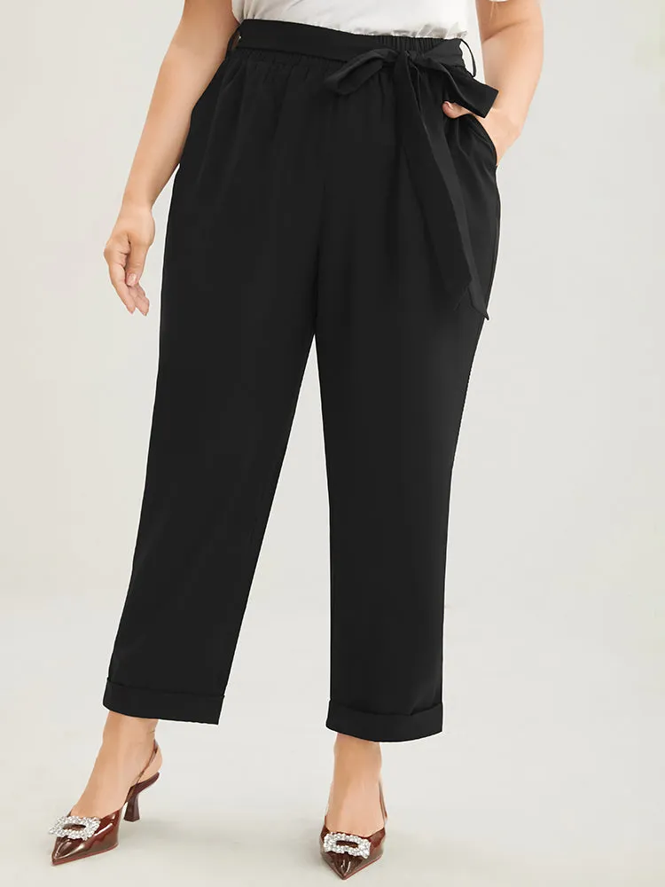 Plain Elastic Waist Belted Pocket Mid Rise Pants sold by Bloomchic