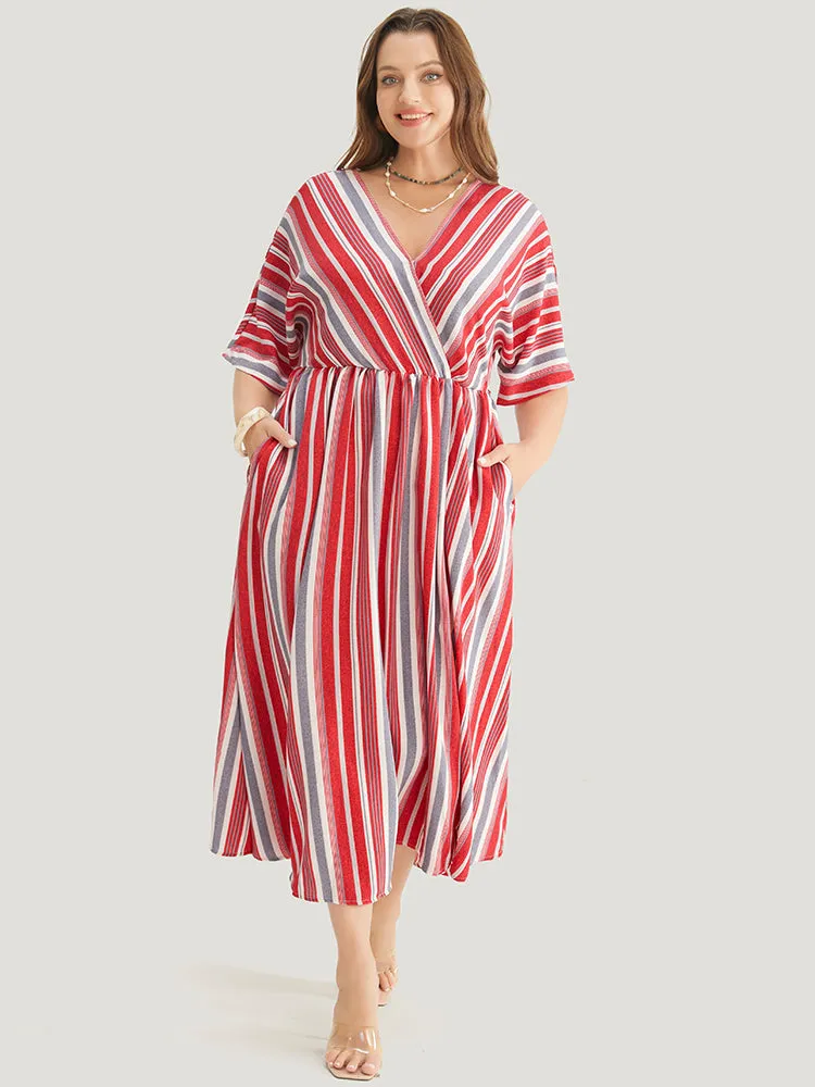 Striped Contrast Surplice Neck Dolman Sleeve Pocket Split Hem Dress sold by Bloomchic product image thumbnail 3