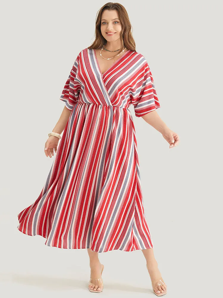 Striped Contrast Surplice Neck Dolman Sleeve Pocket Split Hem Dress sold by Bloomchic
