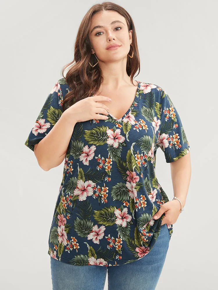 Tropical Print V Neck T-shirt sold by Bloomchic