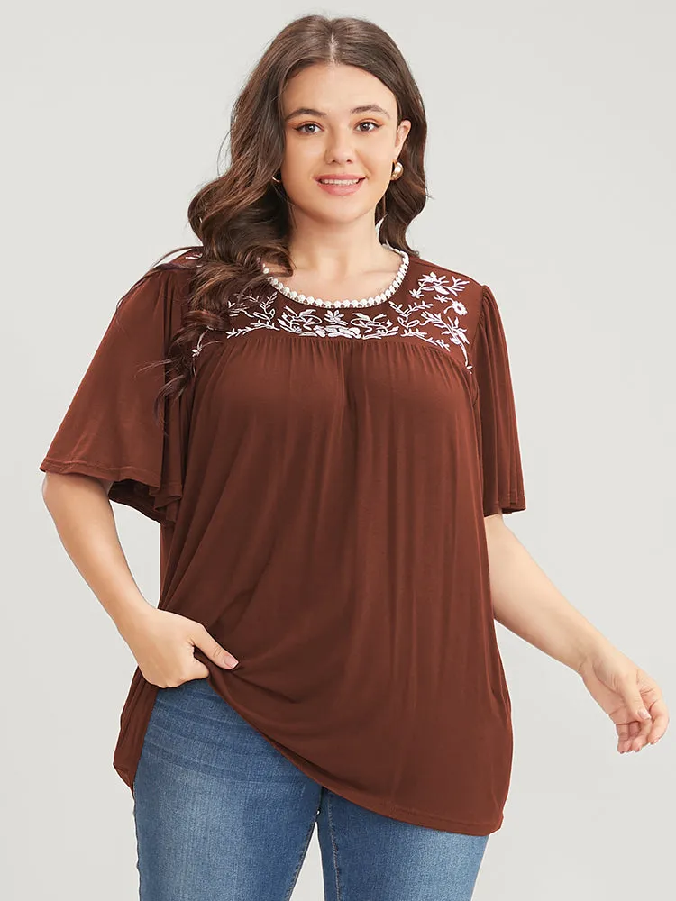 Floral Embroidered Ruffle Sleeve Keyhole Round Neck T-shirt sold by Bloomchic product image thumbnail 4