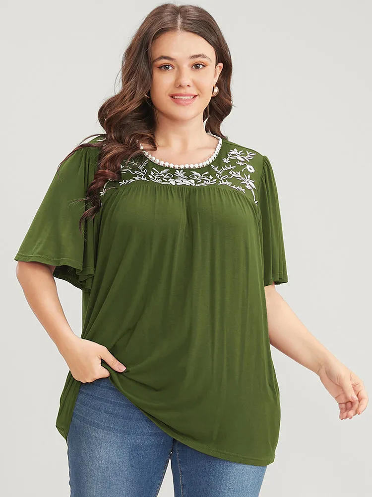 Floral Embroidered Ruffle Sleeve Keyhole Round Neck T-shirt sold by Bloomchic