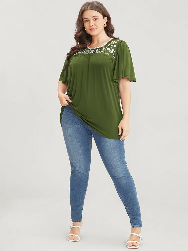 Floral Embroidered Ruffle Sleeve Keyhole Round Neck T-shirt sold by Bloomchic product image thumbnail 3