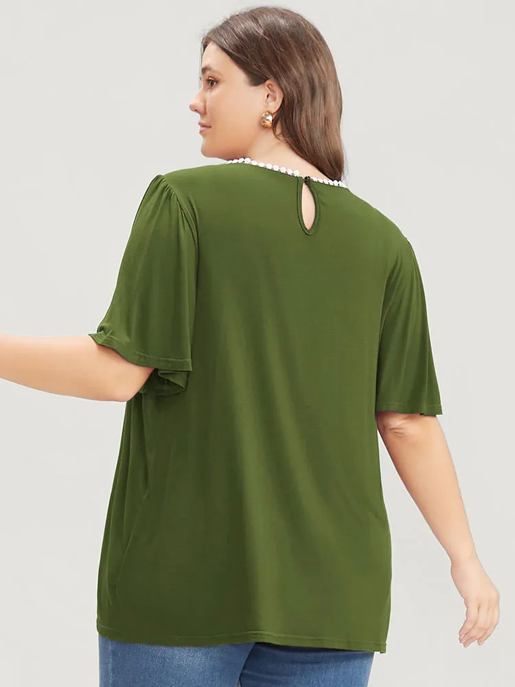 Floral Embroidered Ruffle Sleeve Keyhole Round Neck T-shirt sold by Bloomchic product image thumbnail 2