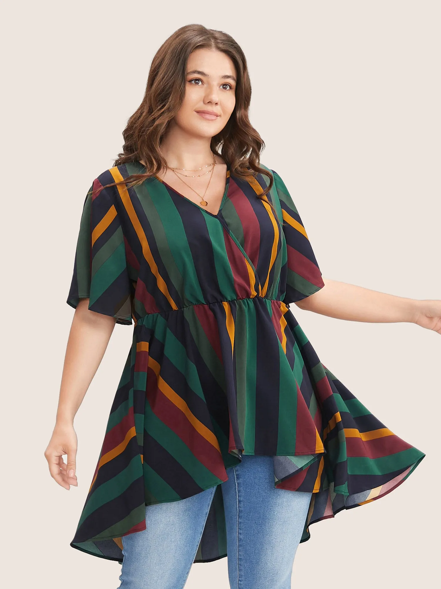 Striped Contrast Wrap Ruffles High Low Hem Blouse sold by Bloomchic product image thumbnail 3