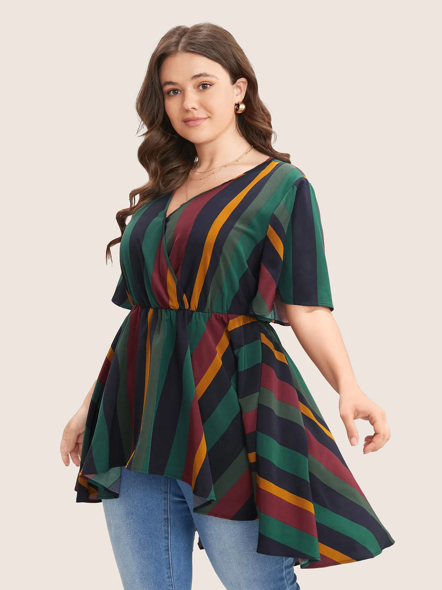 Striped Contrast Wrap Ruffles High Low Hem Blouse sold by Bloomchic product image thumbnail 4