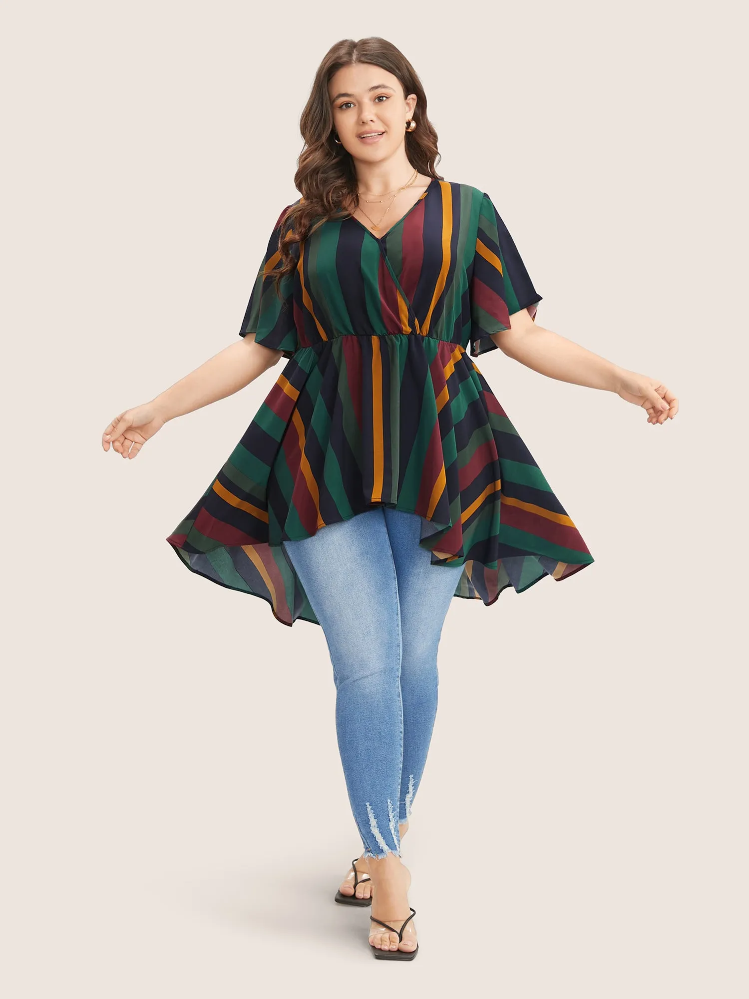 Striped Contrast Wrap Ruffles High Low Hem Blouse sold by Bloomchic product image thumbnail 2