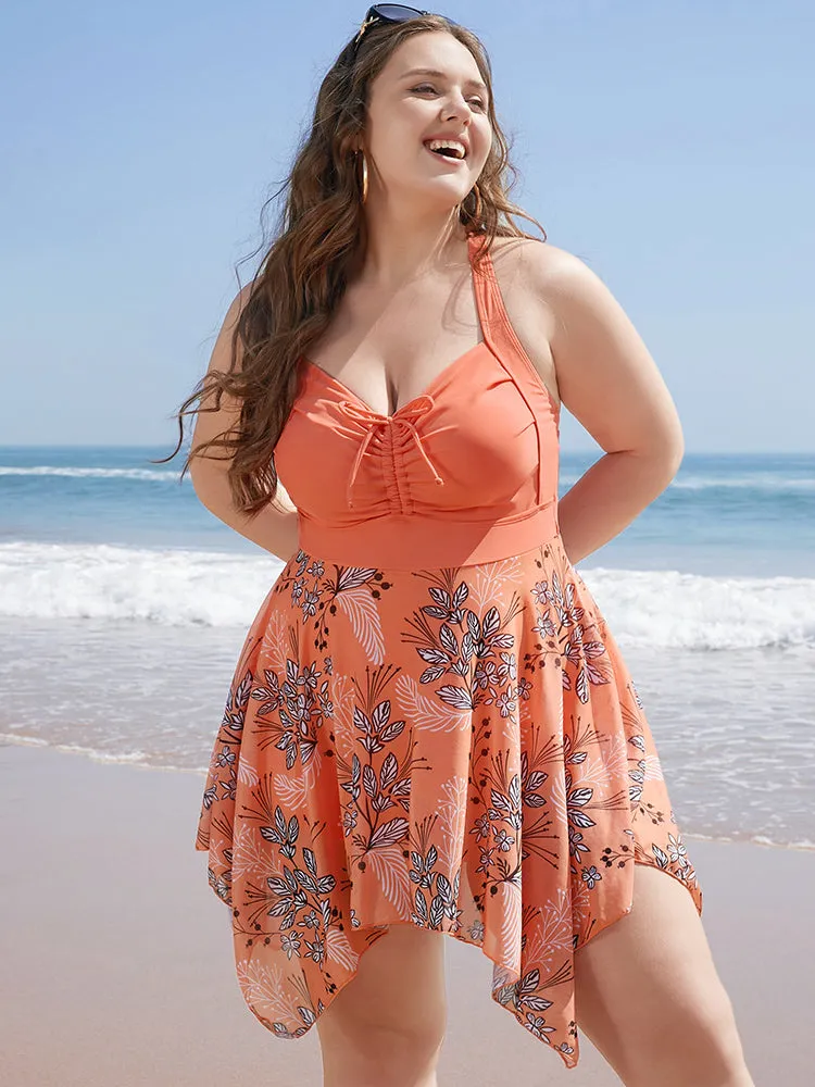 Floral Drawstring Crisscross Back Hanky Hem Swim Dress sold by Bloomchic