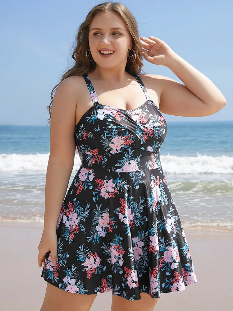 Floral Print Crossover A Line Ruffle Hem Swim Dress sold by Bloomchic