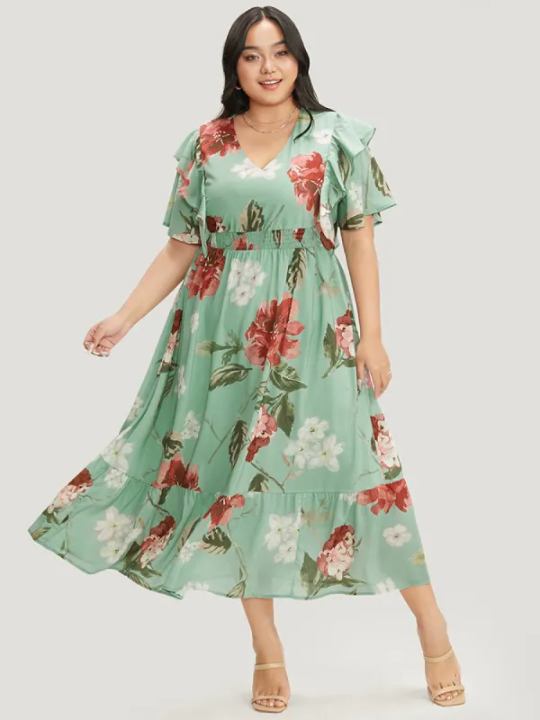 Floral Print Pocket Shirred V Neck Ruffles Midi Dress sold by Bloomchic