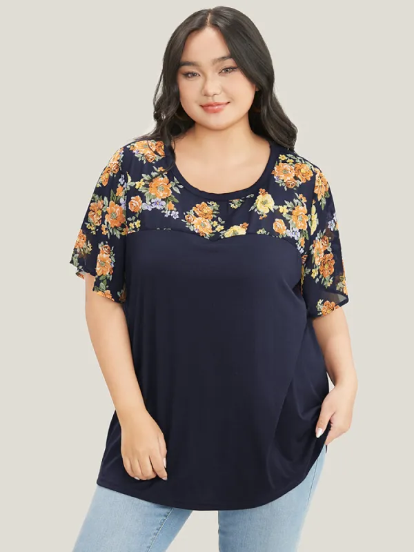 Floral Mesh Patchwork Ruffle Sleeve T-shirt sold by Bloomchic