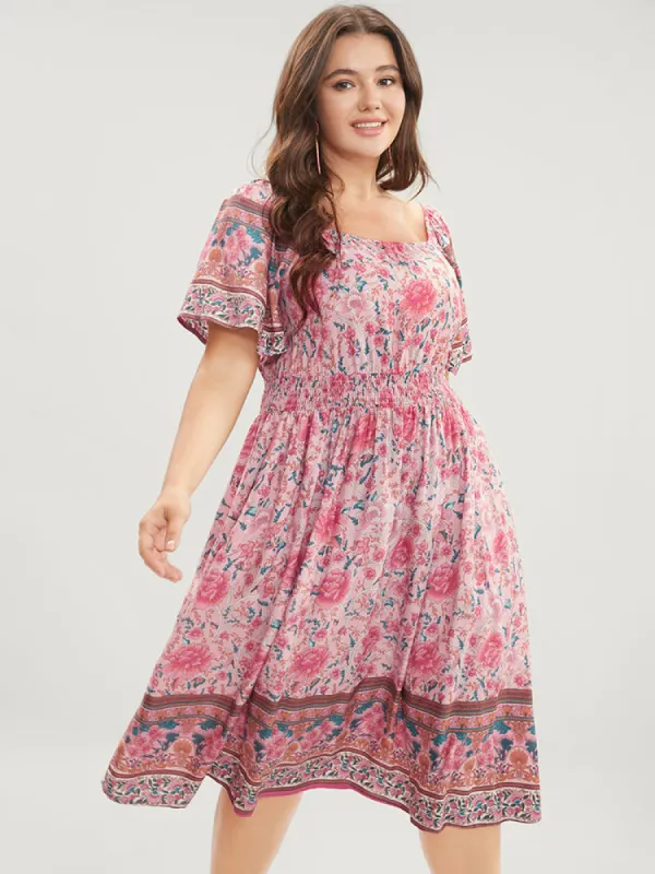 Bandana Print Square Neck Pocket Ruffles Shirred Dress sold by Bloomchic