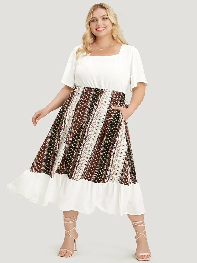 Bandana Patchwork Square Neck Pocket Ruffles Hem Dress sold by Bloomchic