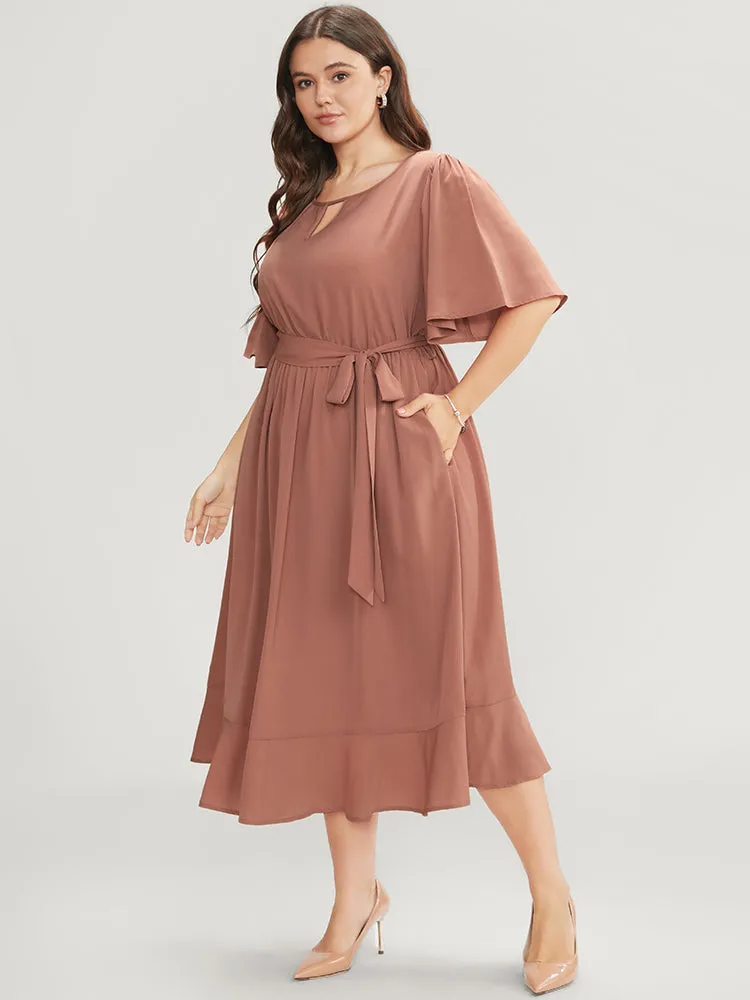 Solid Keyhole Round Neck Pocket Belted Flutter Dress sold by Bloomchic product image thumbnail 3