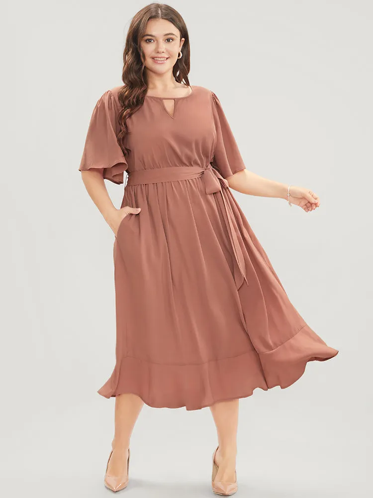 Solid Keyhole Round Neck Pocket Belted Flutter Dress sold by Bloomchic