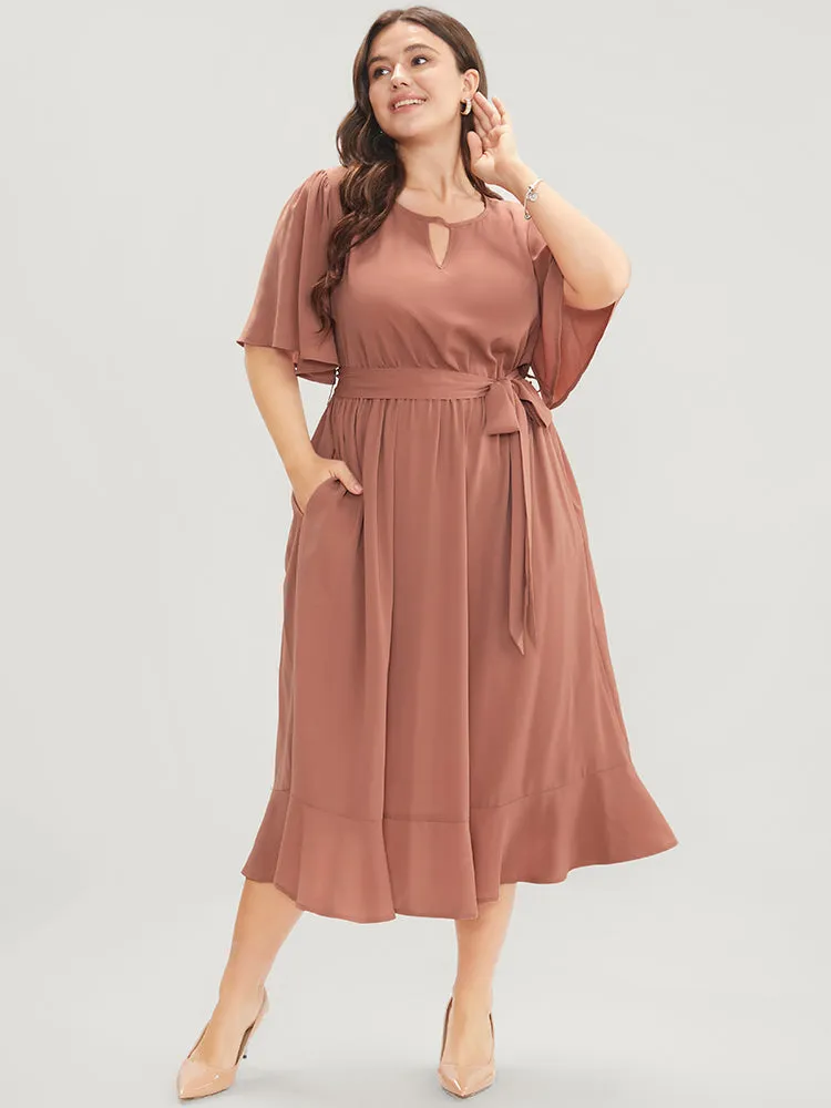 Solid Keyhole Round Neck Pocket Belted Flutter Dress sold by Bloomchic product image thumbnail 2
