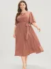 Solid Keyhole Round Neck Pocket Belted Flutter Dress sold by Bloomchic