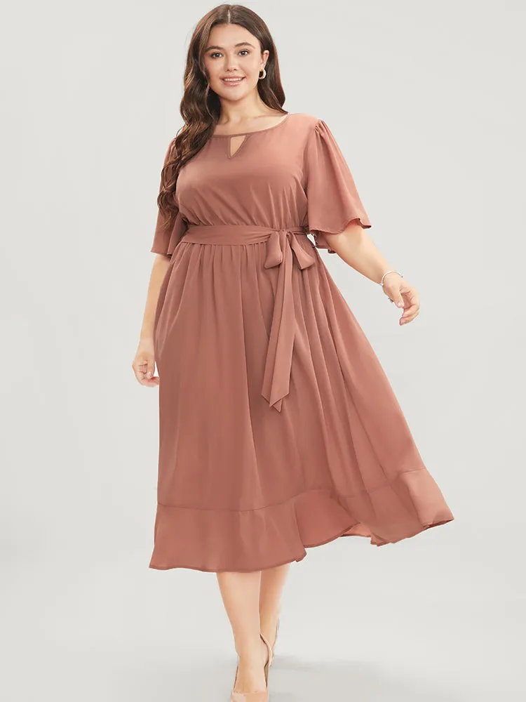 Solid Keyhole Round Neck Pocket Belted Flutter Dress sold by Bloomchic product image thumbnail 4