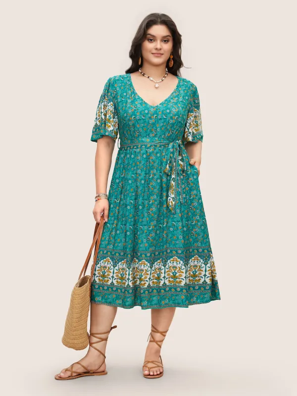 Bandana Print V Neck Pocket Ruffles Belted Midi Dress sold by Bloomchic