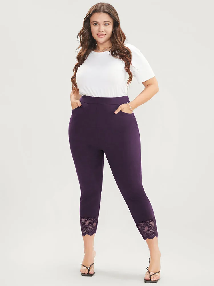Solid Scalloped Trim Elastic Waist Pocket Lace Hem Pants sold by Bloomchic