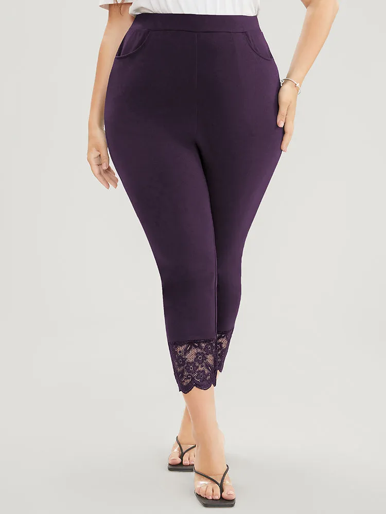 Solid Scalloped Trim Elastic Waist Pocket Lace Hem Pants sold by Bloomchic product image thumbnail 3