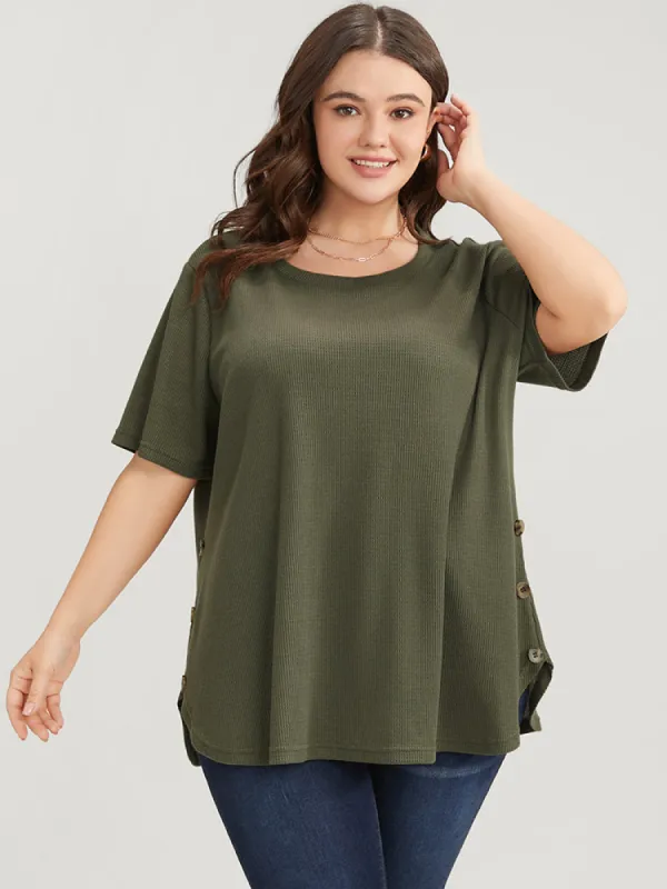 Plain Round Neck Button Detail Waffle Knit Tee sold by Bloomchic