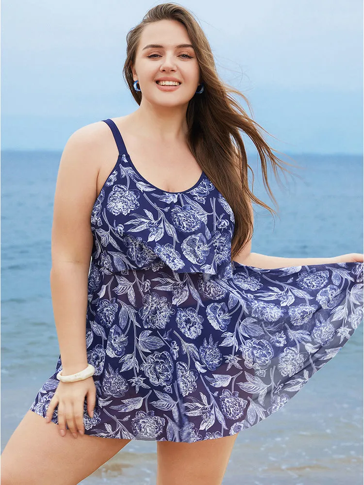 Floral Printed Adjustable Straps Ruffle Trim Tankini Top sold by Bloomchic product image thumbnail 3