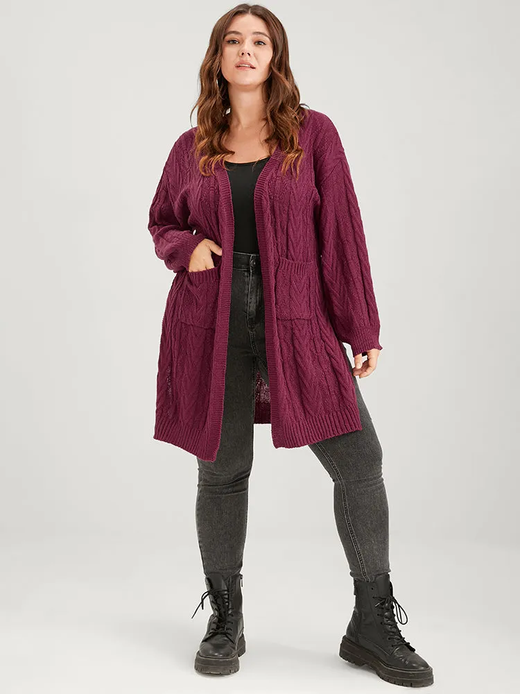 Plain Pointelle Knit Pocket Lantern Sleeve Split Open Front Cardigan sold by Bloomchic product image thumbnail 2