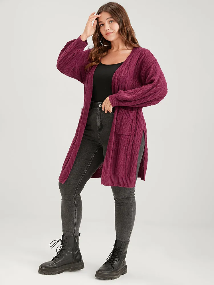 Plain Pointelle Knit Pocket Lantern Sleeve Split Open Front Cardigan sold by Bloomchic product image thumbnail 3