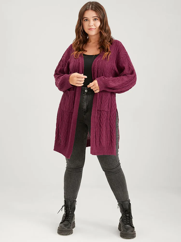 Plain Pointelle Knit Pocket Lantern Sleeve Split Open Front Cardigan sold by Bloomchic product image thumbnail 4