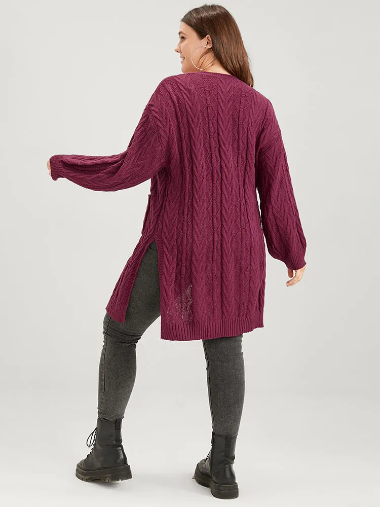 Plain Pointelle Knit Pocket Lantern Sleeve Split Open Front Cardigan sold by Bloomchic product image thumbnail 5