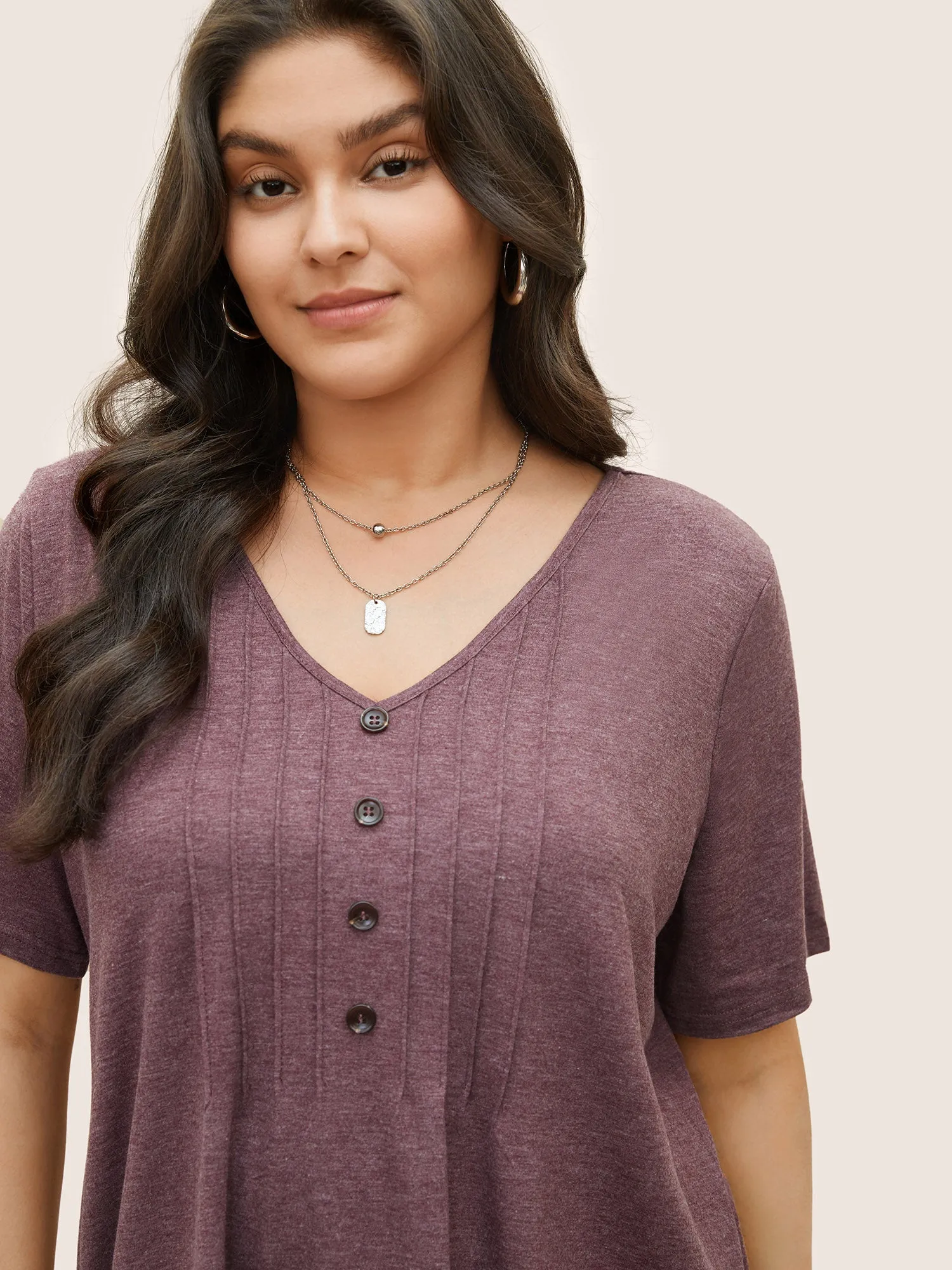 Solid Pleated Front Button Detail V Neck T-shirt sold by Bloomchic product image thumbnail 4