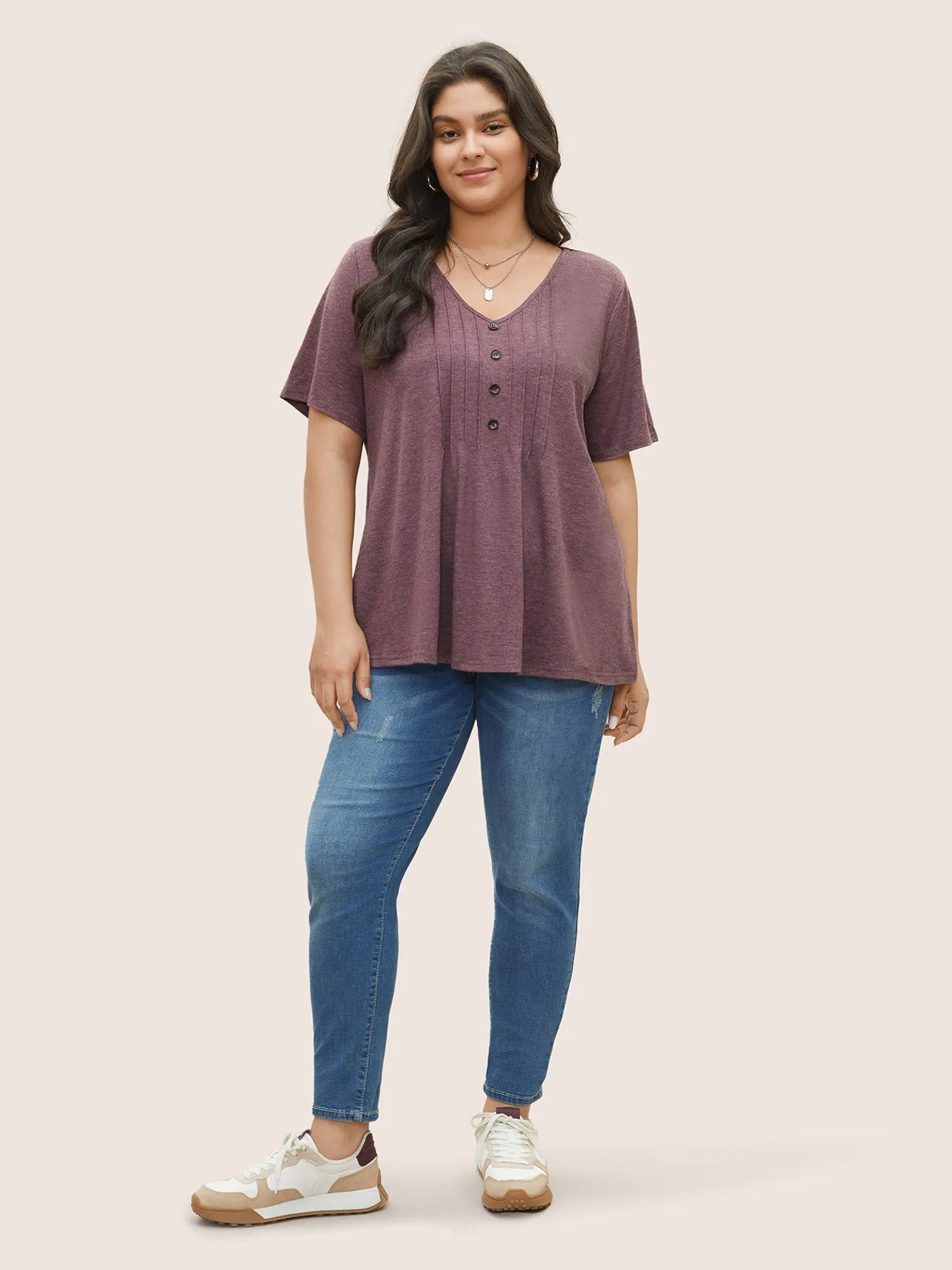 Solid Pleated Front Button Detail V Neck T-shirt sold by Bloomchic product image thumbnail 3