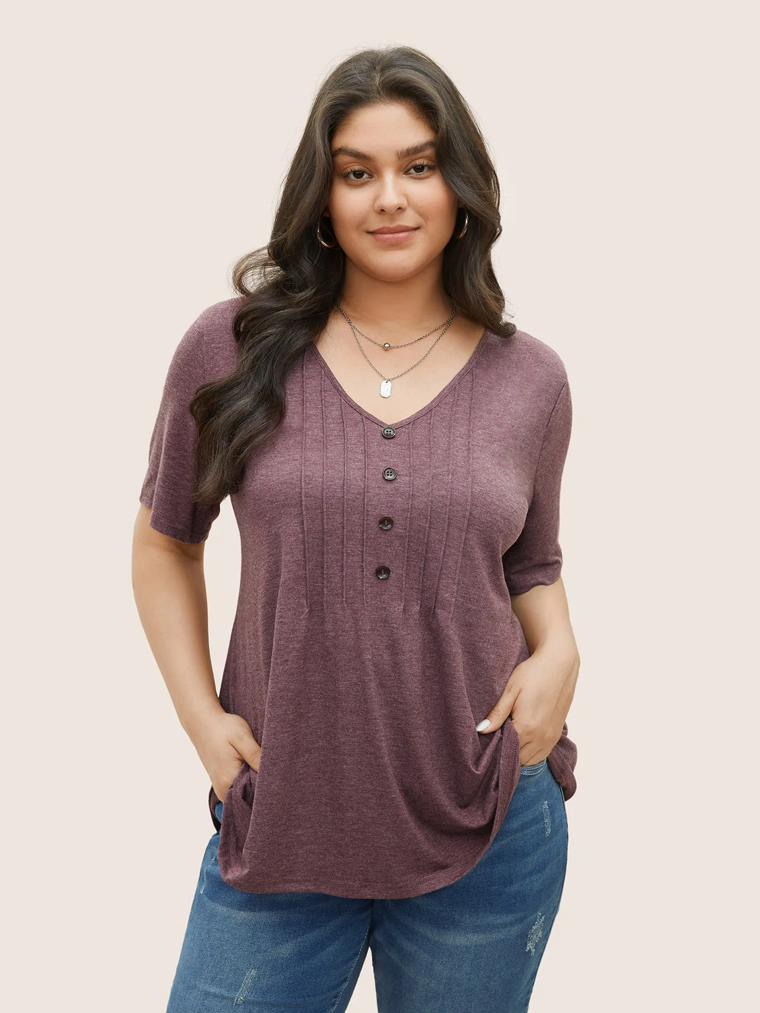 Solid Pleated Front Button Detail V Neck T-shirt sold by Bloomchic