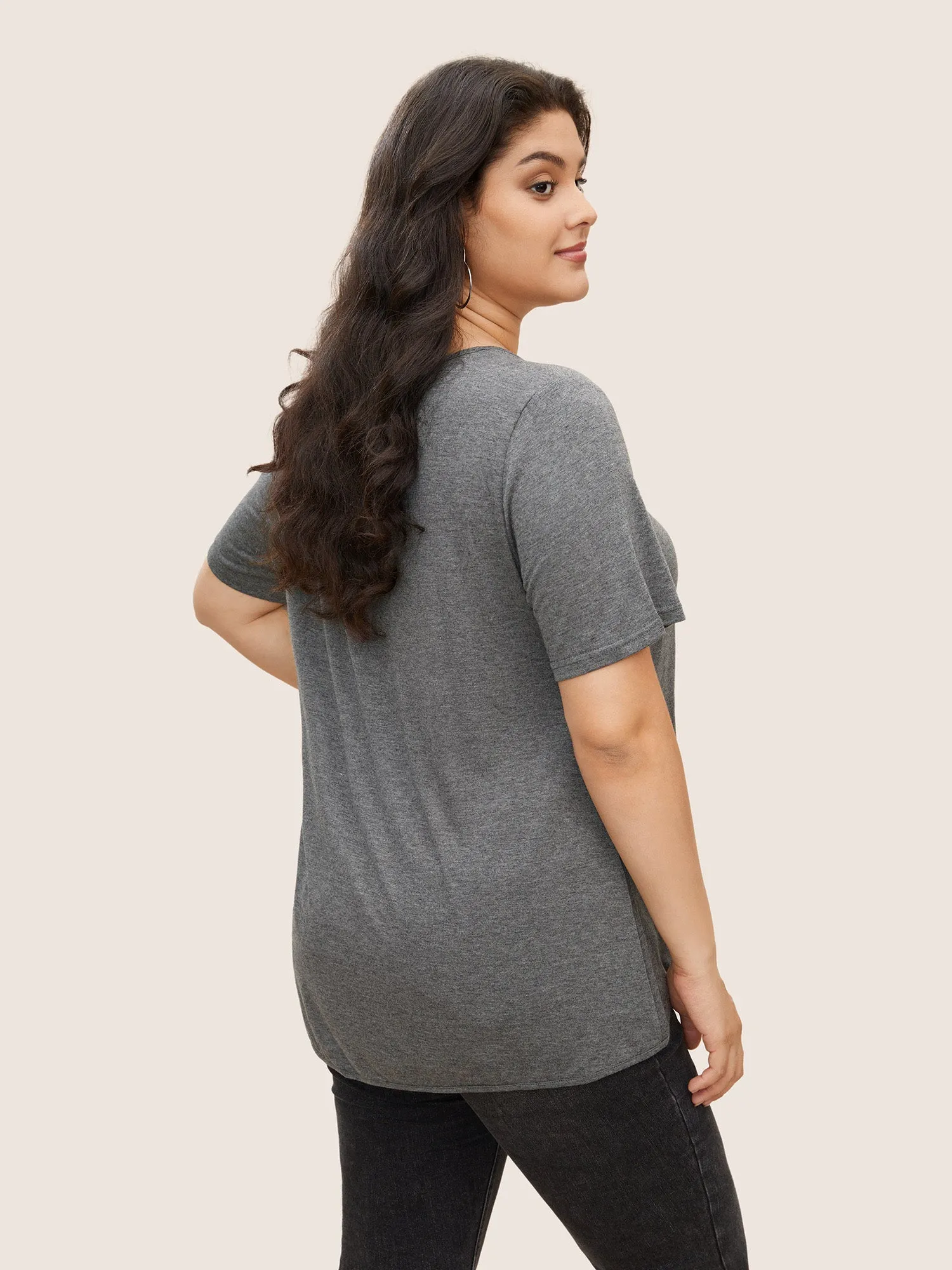 Plain Round Neck Pleated Asymmetrical Hem T-shirt sold by Bloomchic product image thumbnail 3