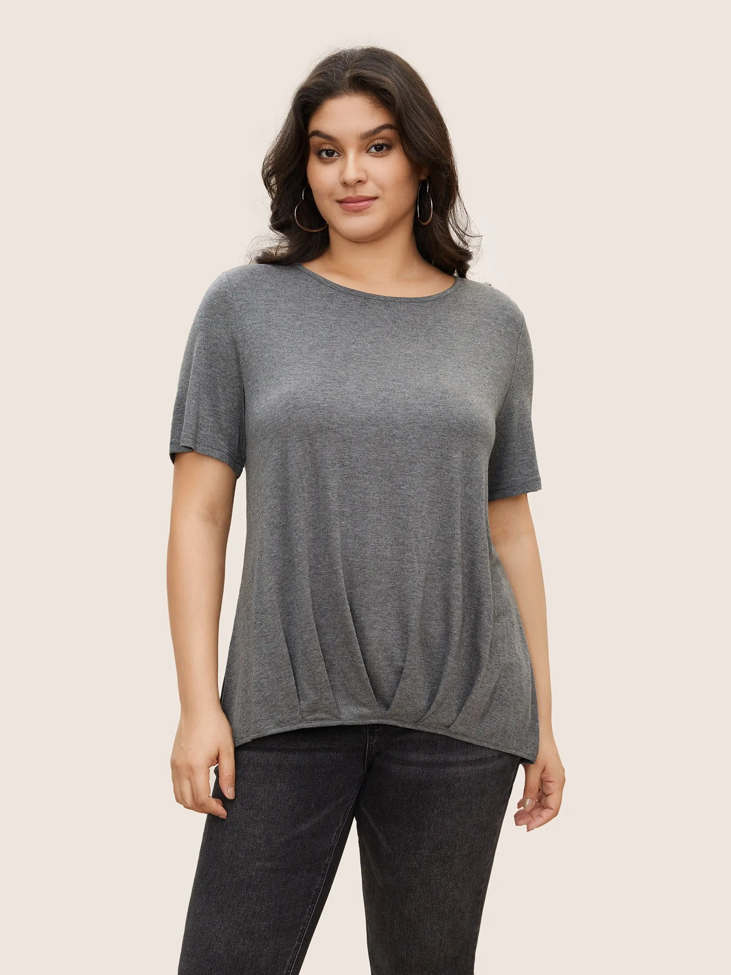 Plain Round Neck Pleated Asymmetrical Hem T-shirt sold by Bloomchic