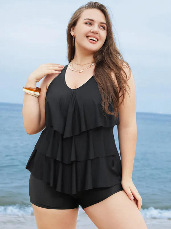 Adjustable Straps Asymmetrical Ruffle Tiered Tankini Top sold by Bloomchic