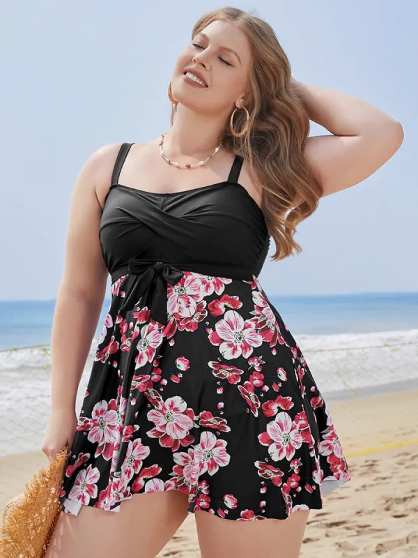 Floral Print Knotted Twist Front  A Line Swim Dress sold by Bloomchic
